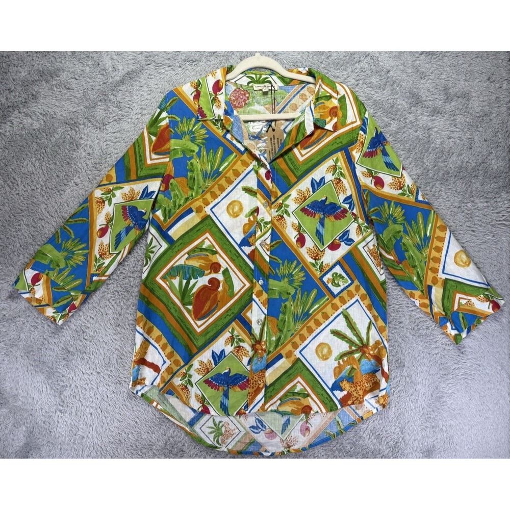 NWT Christian Siriano NY Womens XL Linen Blend Shirt Fruit Bird Print Button Up - Picture 3 of 12